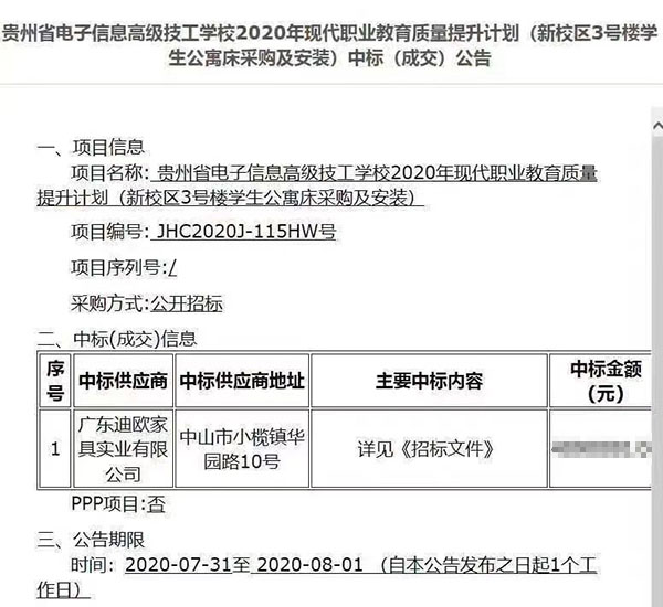 貴州省電子信息高級技工學(xué)校家具學(xué)生公寓床采購項目